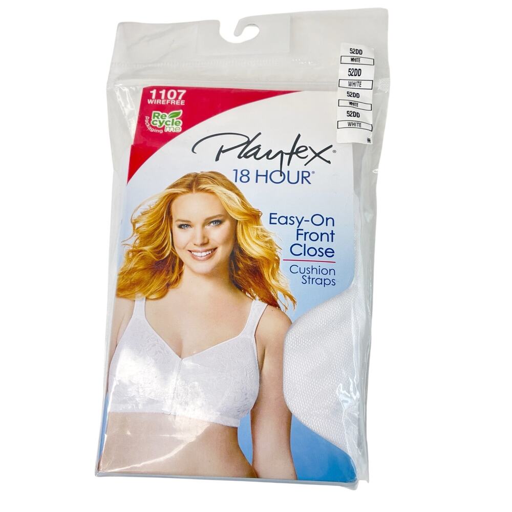 Playtex 18 Hour 1107 Wireless Front Close Bra White Cushion Straps Size 52DD
